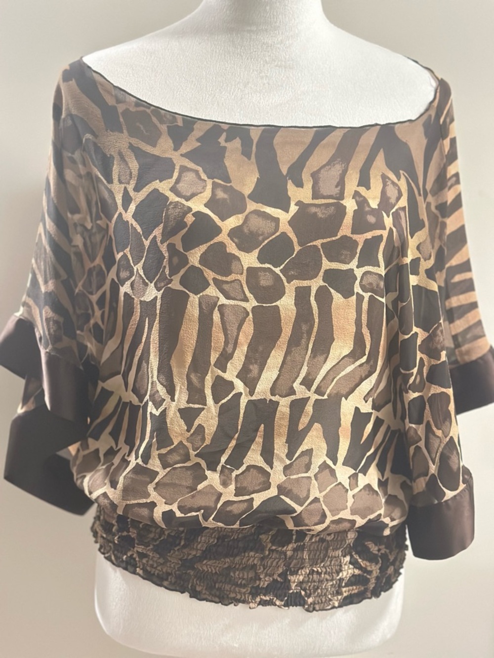 Express Women Silk Animal Print Blouse Large in Brown / Cream Preppy Boho Hippie